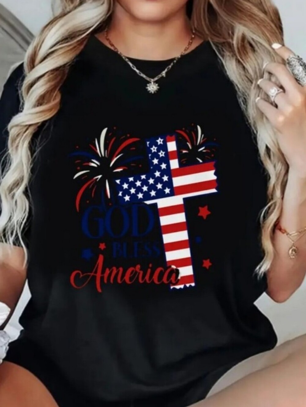 Ladies Black Patriotic God Bless America Flag Cross Tee